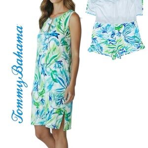 Tommy Bahama Jump Dress Tropical Leaf Built-In Shorts Slit Neck & String Back S